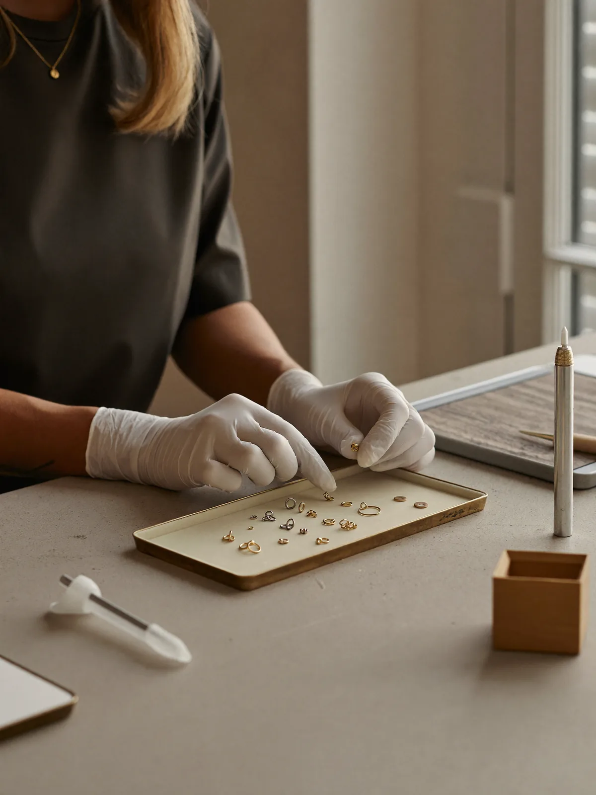 Syd arranging fine gold jewelry on a tray in the studio