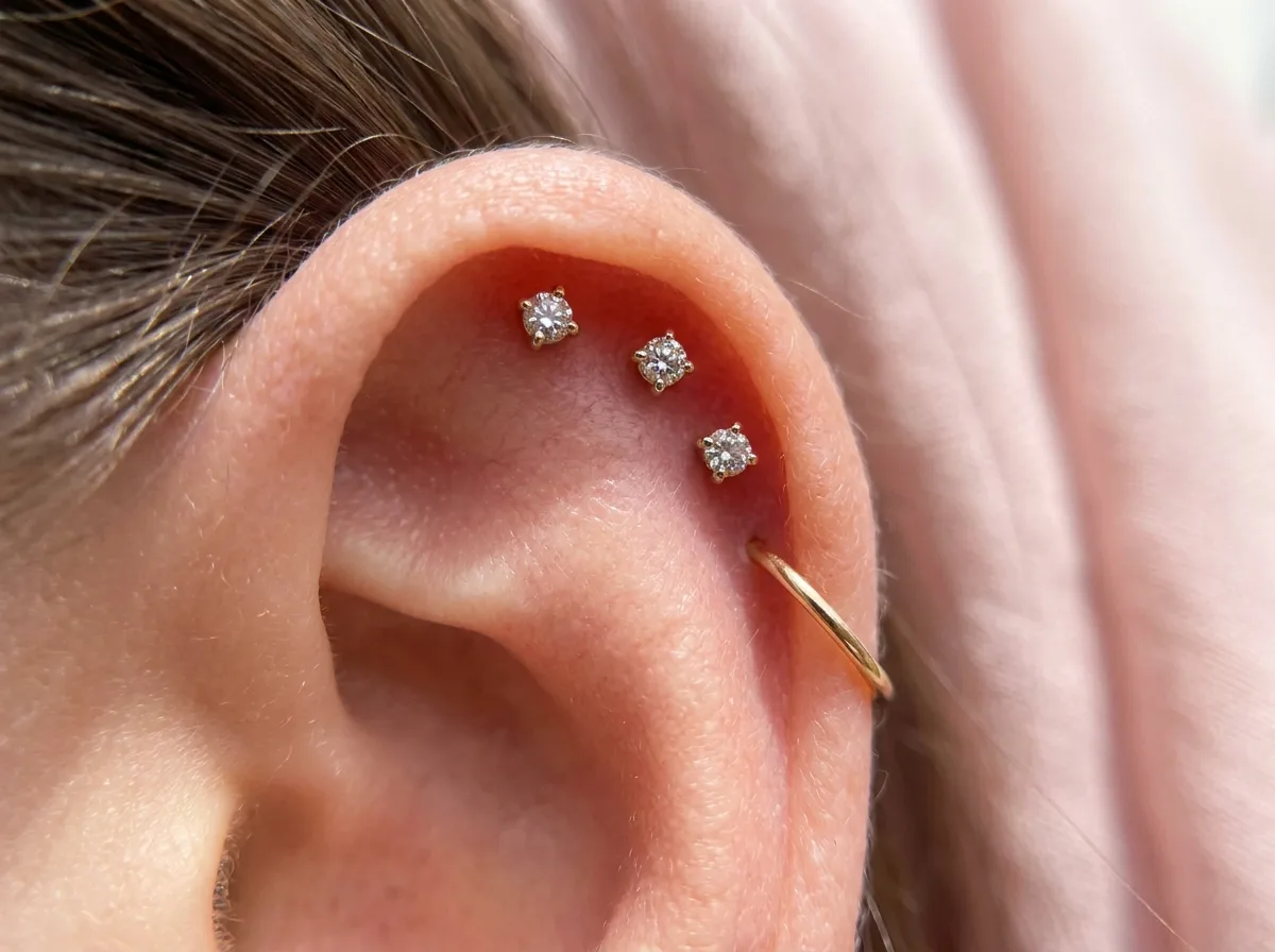 Macro close-up of helix piercings with diamond studs and a slim gold hoop