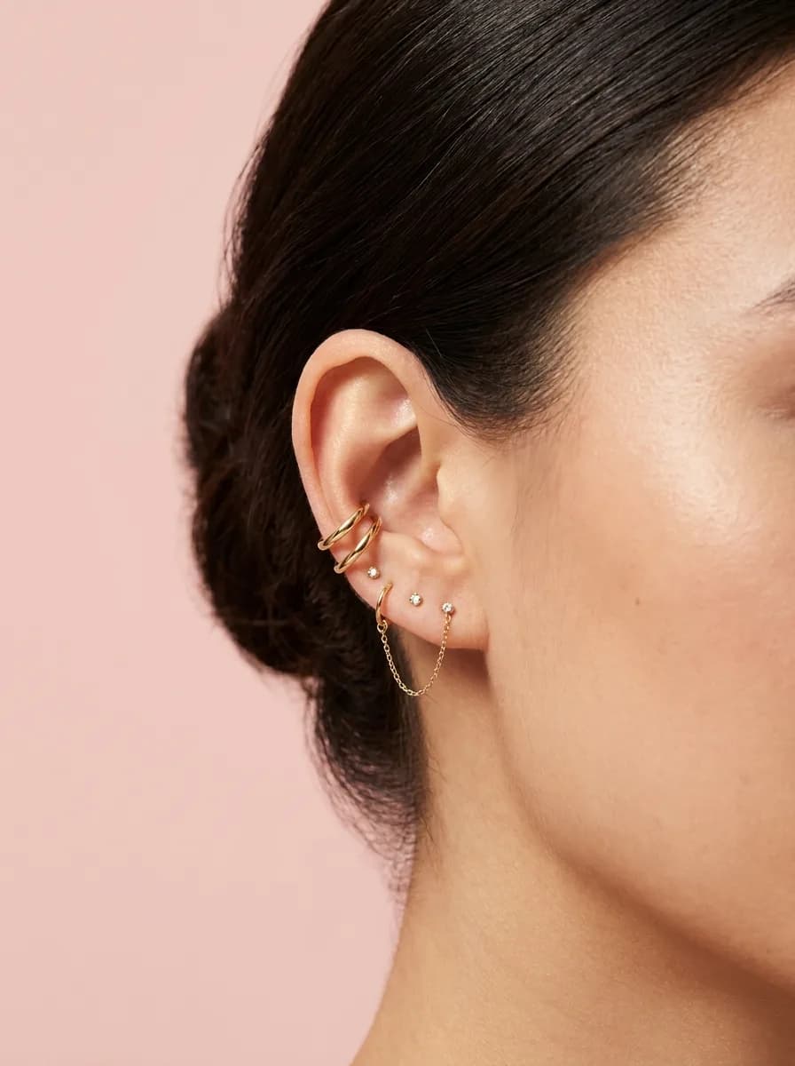 Side profile of an ear with a full curated piercing stack in gold