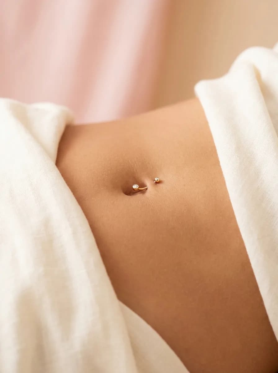 Gold curved barbell belly piercing with a small gem
